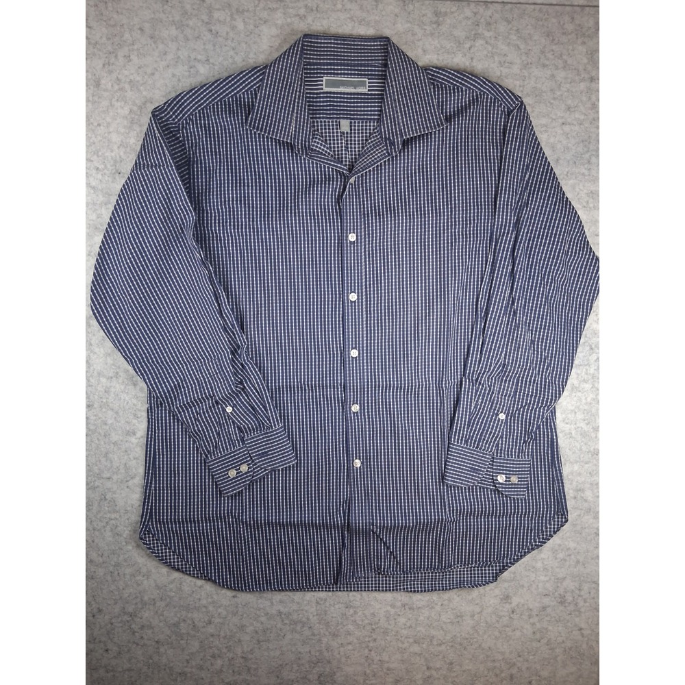 Michael Kors Mens Dress Shirt 17 32/33 Blue White Gingham Check Long Sleeve